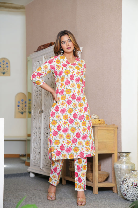 Floral Printed V-Neck Pure Cotton Kurta with Trouser