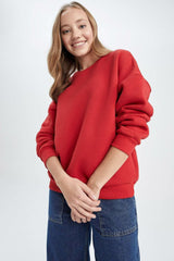 Red Solid Oversize Sweatshirt for women