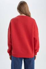Red Solid Oversize Sweatshirt for women