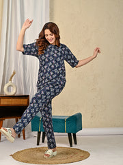 Navy Printed Night suit set with Pajama