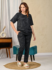 Black Printed Night suit set with Pajama