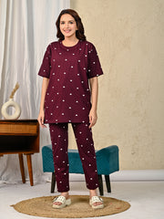 Maroon Printed Night suit set with Pajama
