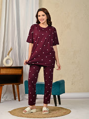 Maroon Printed Night suit set with Pajama
