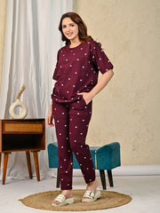 Maroon Printed Night suit set with Pajama