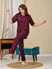 Maroon Printed Night suit set with Pajama
