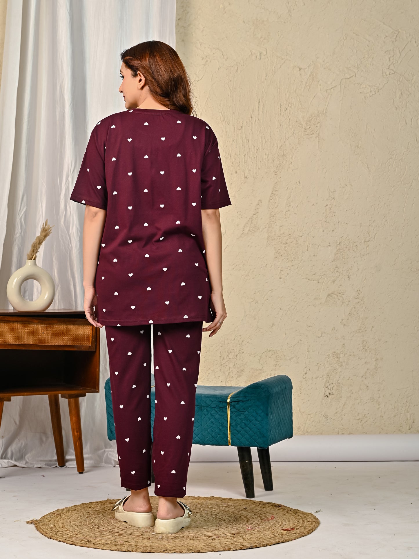 Maroon Printed Night suit set with Pajama