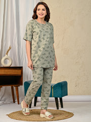 Green Printed Night suit set with Pajama
