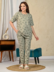 Green Printed Night suit set with Pajama