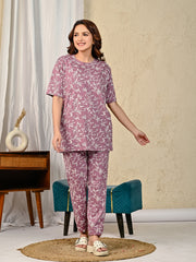 Mauve Printed Night suit set with Pajama