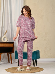 Mauve Printed Night suit set with Pajama