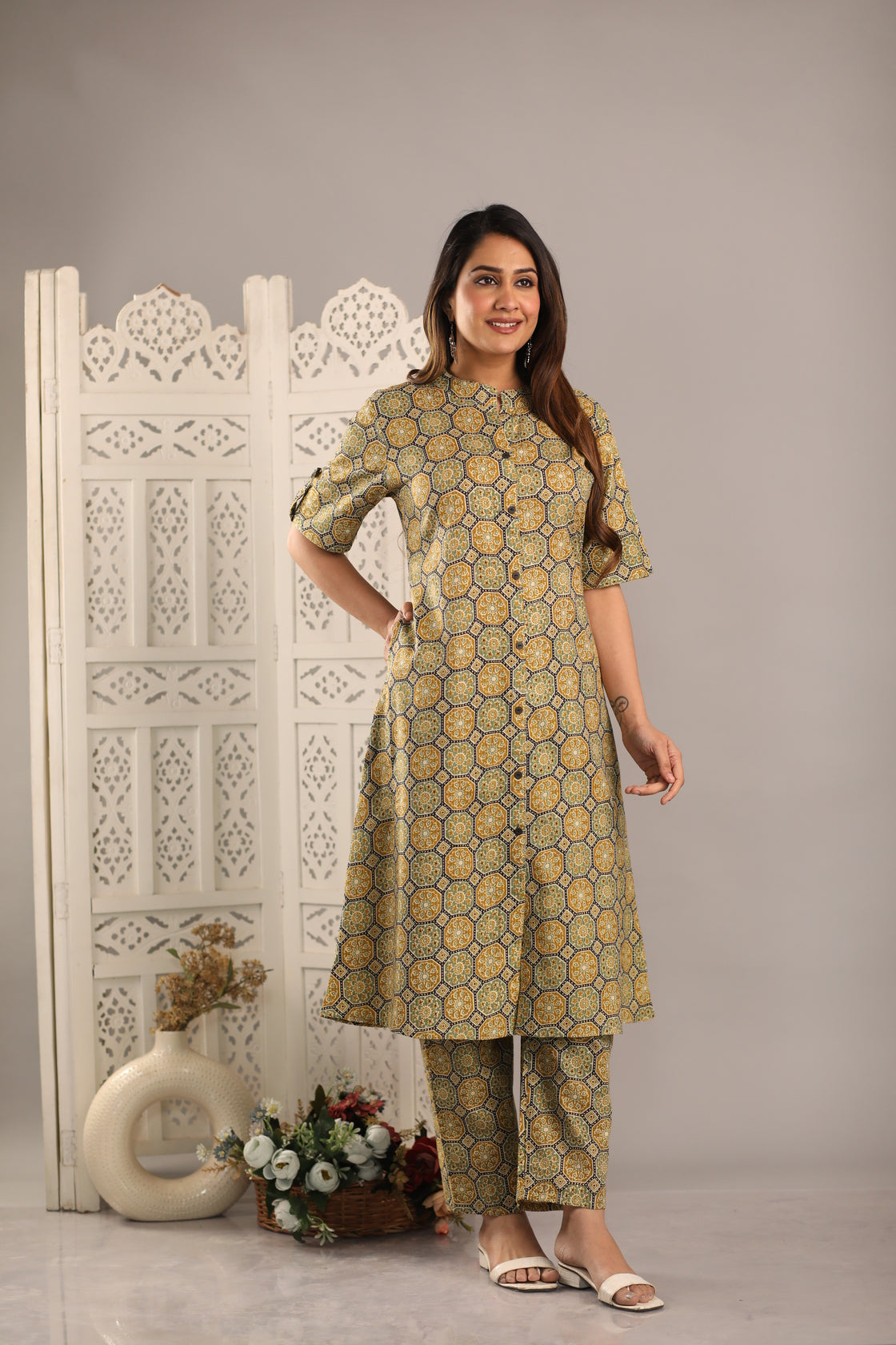 Regular Kantha Work Pure Cotton Kurta with Trousers