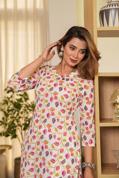 Floral Printed V-Neck Pure Cotton Kurta with Trouser
