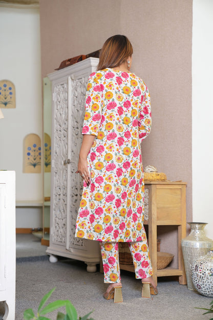Floral Printed V-Neck Pure Cotton Kurta with Trouser