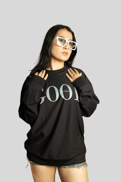 Good vibes full sleeve oversize tshirt(Black)