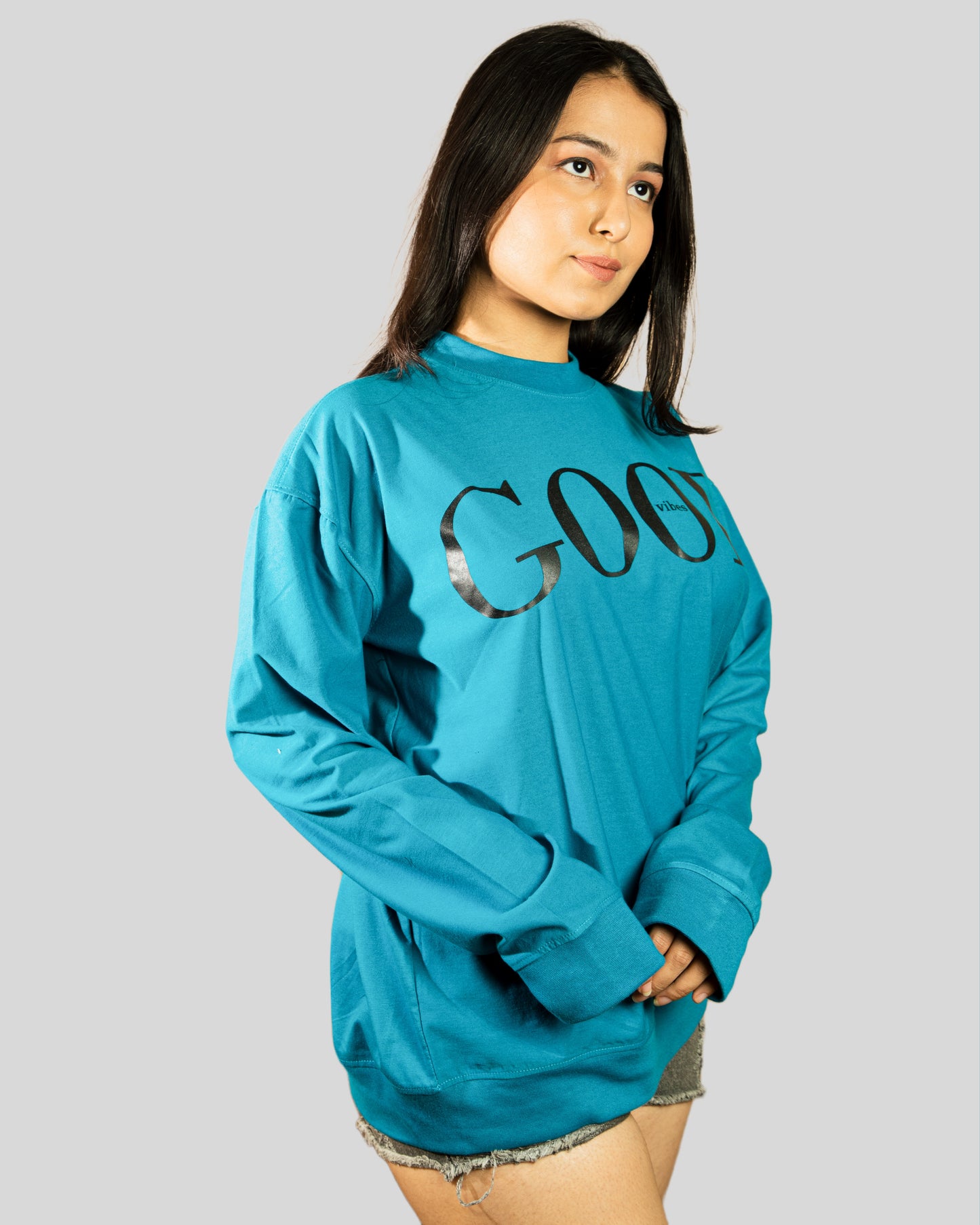 Good vibes full sleeve oversize tshirt(Sky Blue)