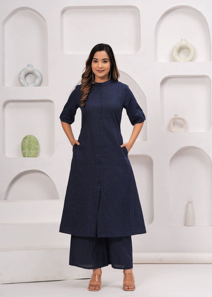 Striped Embroidered Pure Cotton Kurta With Palazzos