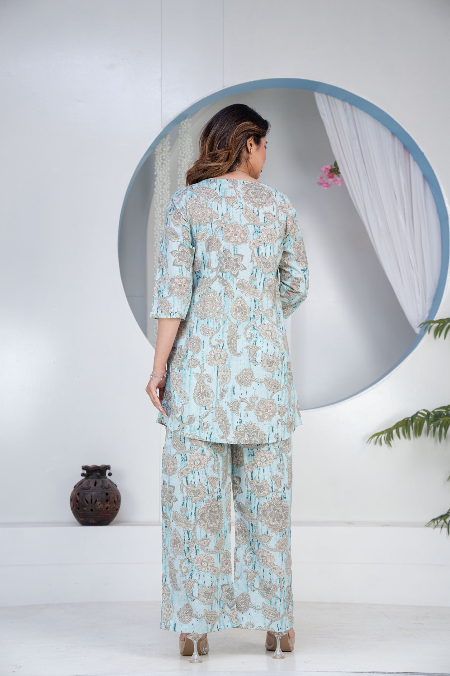 Printed Notched Neck Tunic & Trousers Co-Ord