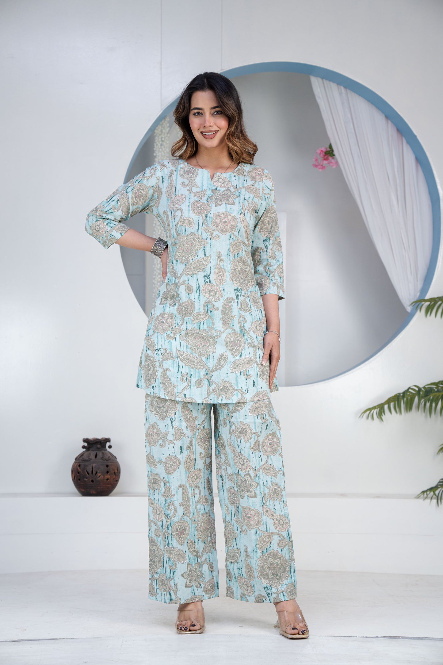 Printed Notched Neck Tunic & Trousers Co-Ord