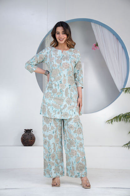 Printed Notched Neck Tunic & Trousers Co-Ord
