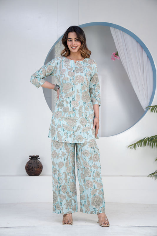 Printed Notched Neck Tunic & Trousers Co-Ord
