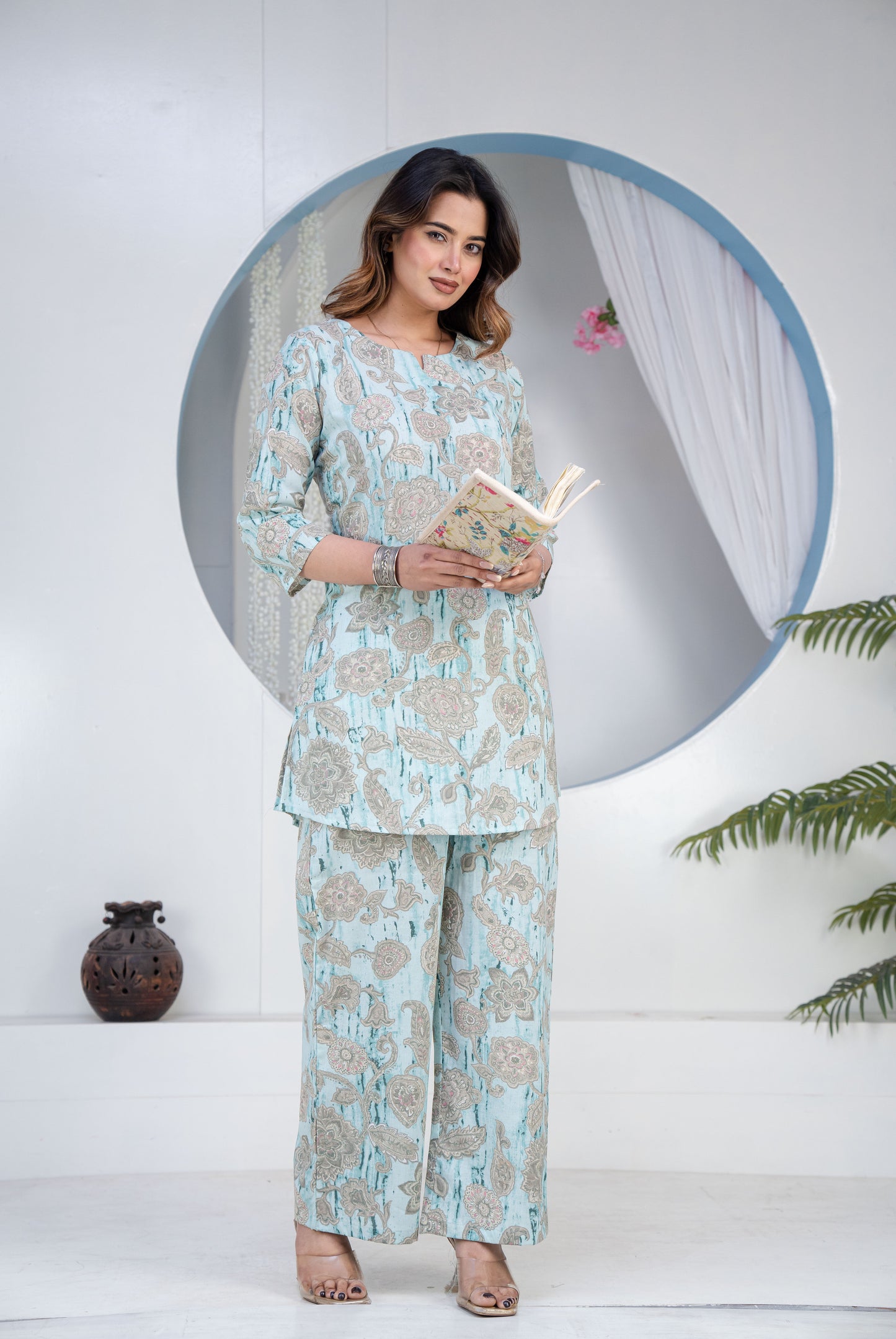 Printed Notched Neck Tunic & Trousers Co-Ord