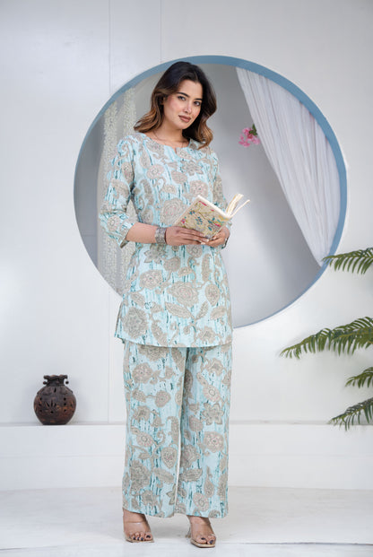 Printed Notched Neck Tunic & Trousers Co-Ord
