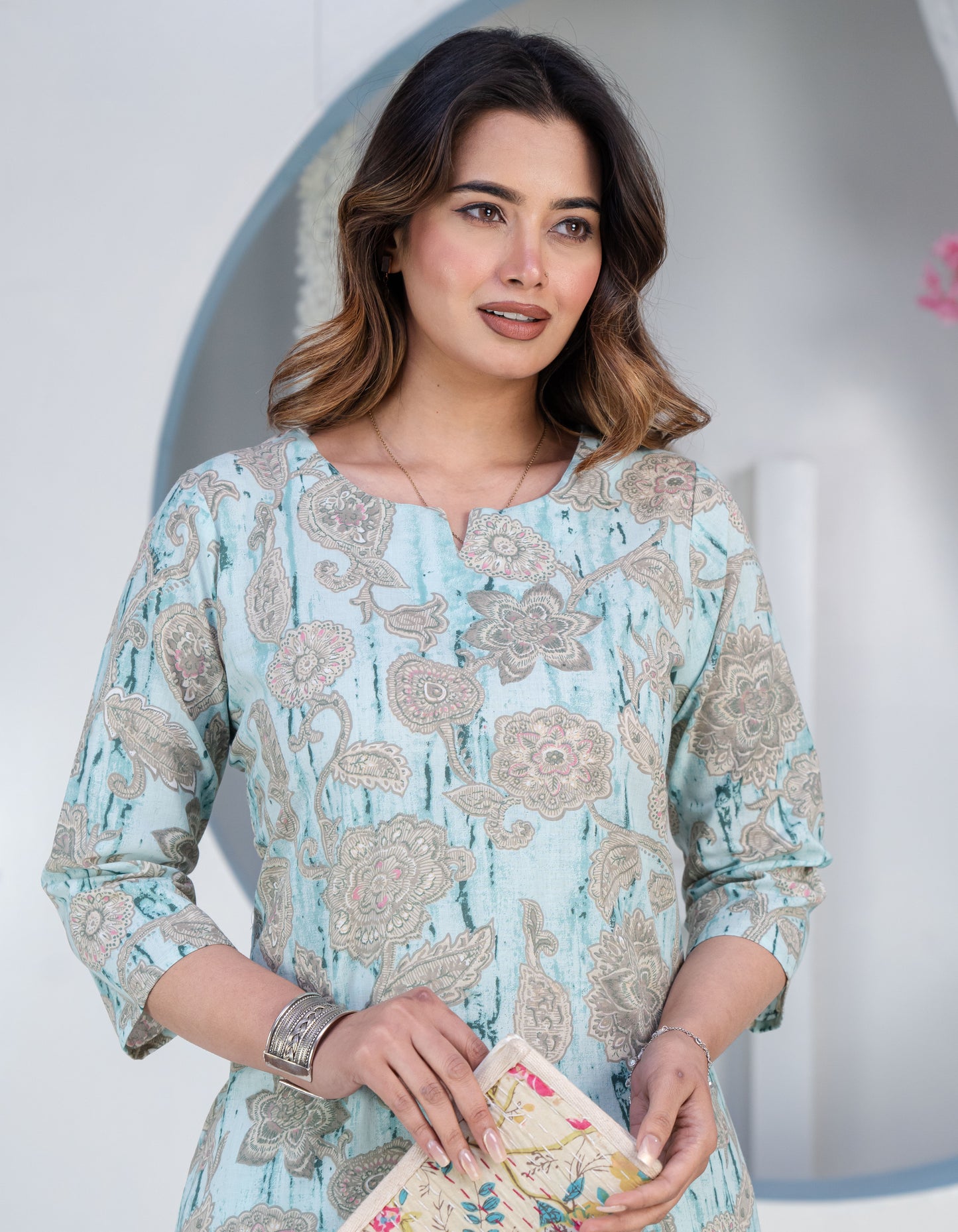 Printed Notched Neck Tunic & Trousers Co-Ord