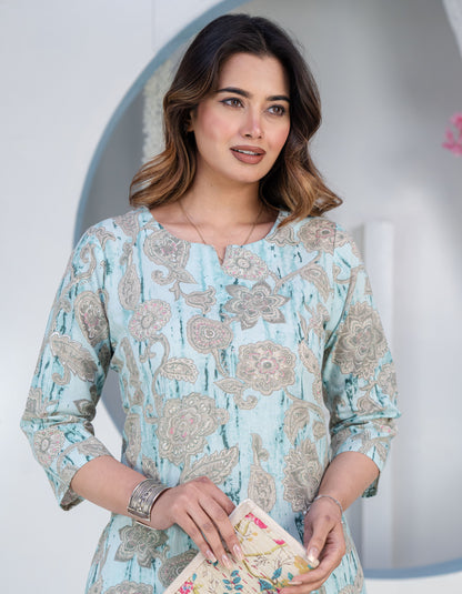 Printed Notched Neck Tunic & Trousers Co-Ord