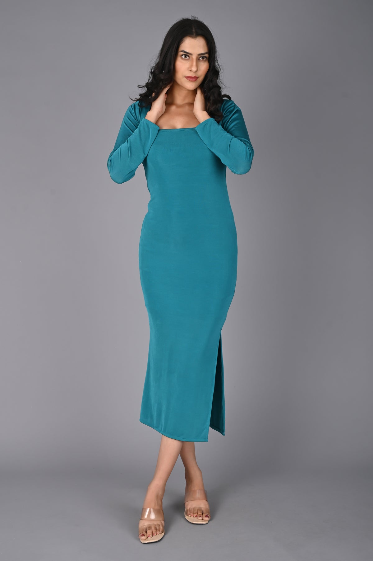 Built-In Shapewear Long Sleeve V-Neck Split Maxi Dress | Popilush