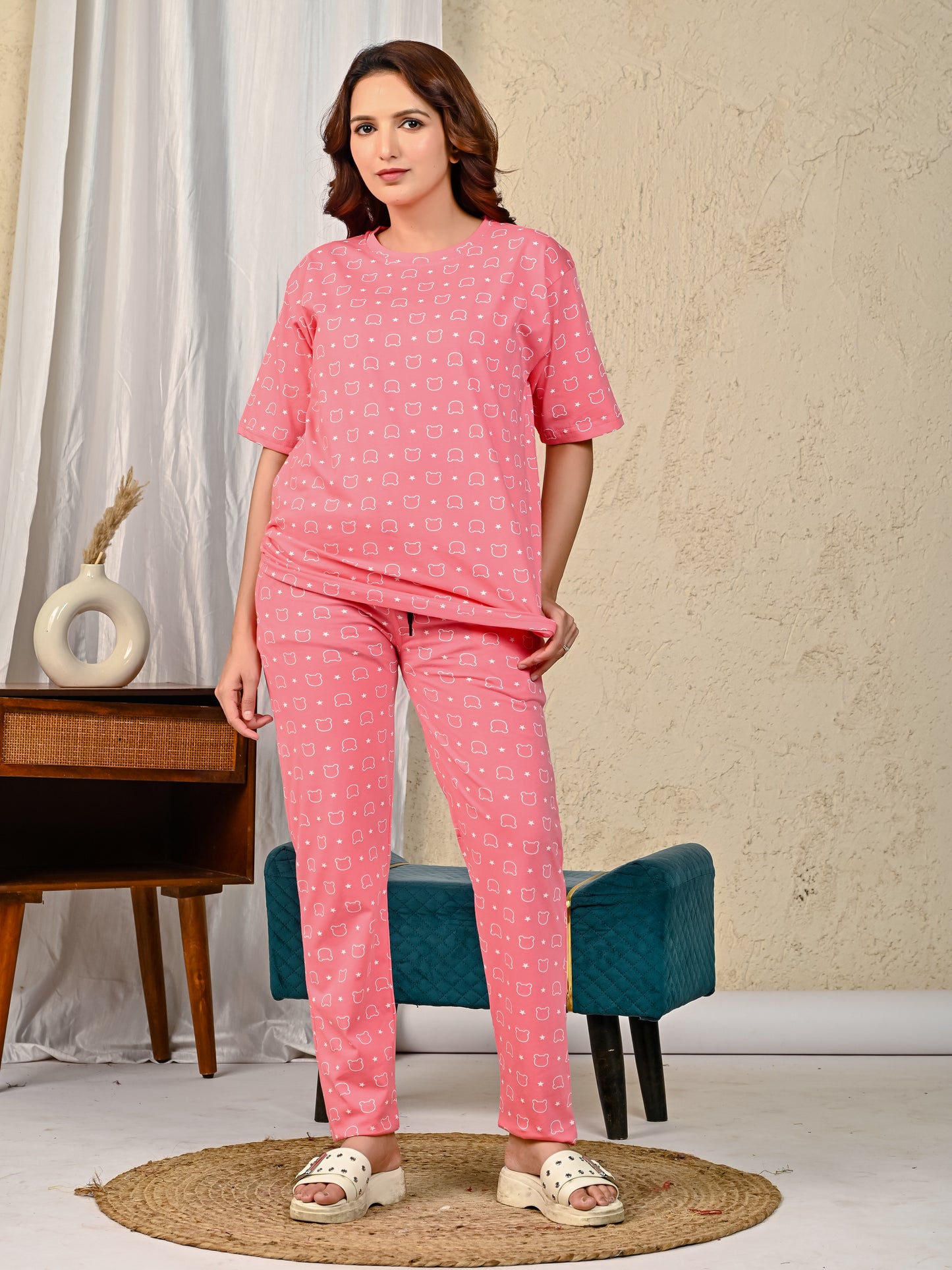 Pink Printed Night suit set with Pajama