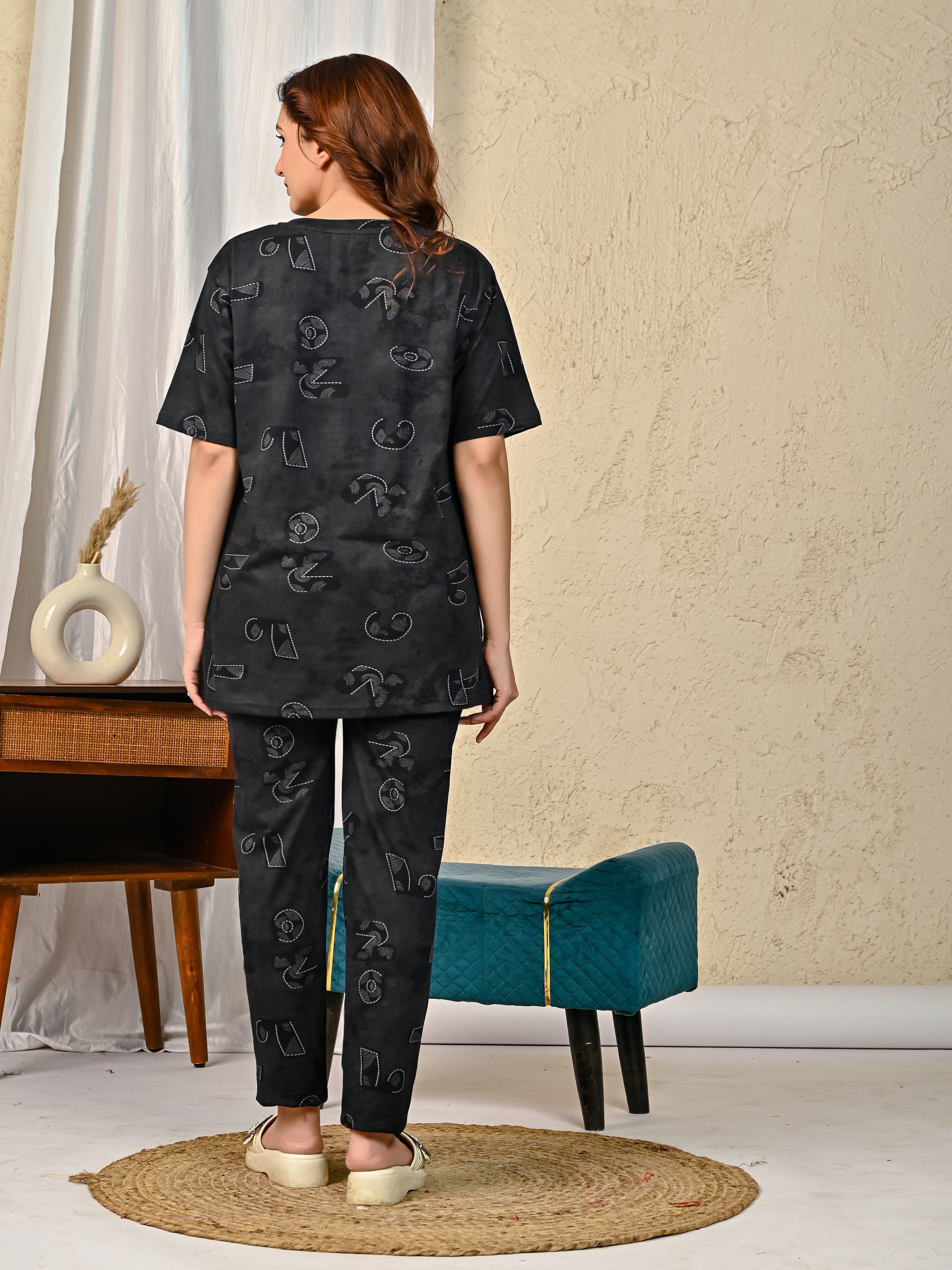 Black Printed Night suit set with Pajama