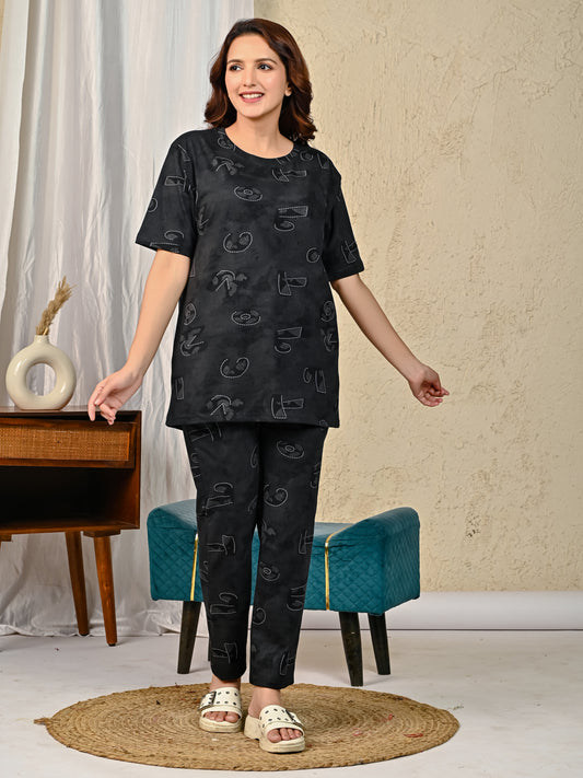 Black Printed Night suit set with Pajama