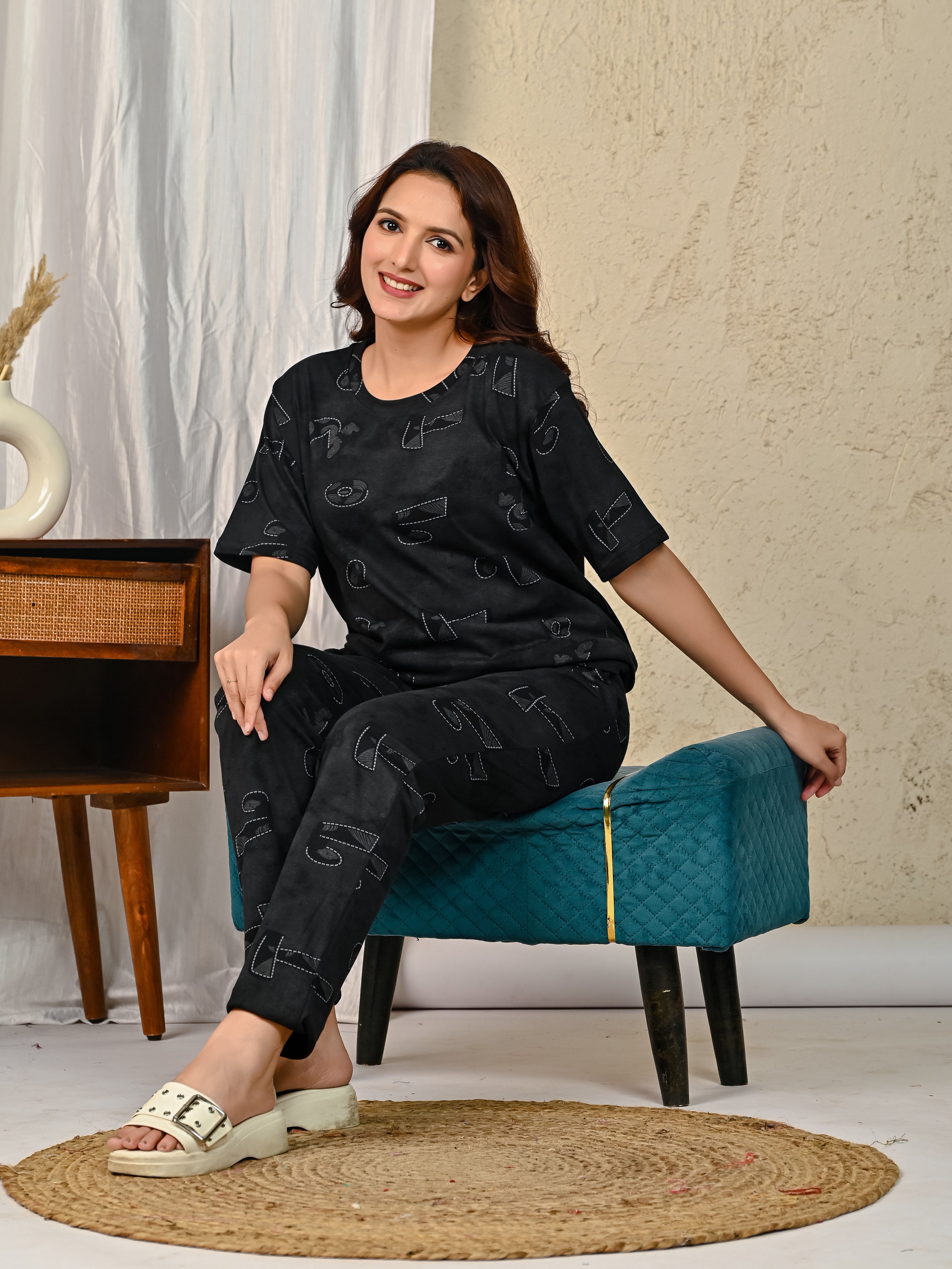 Black Printed Night suit set with Pajama