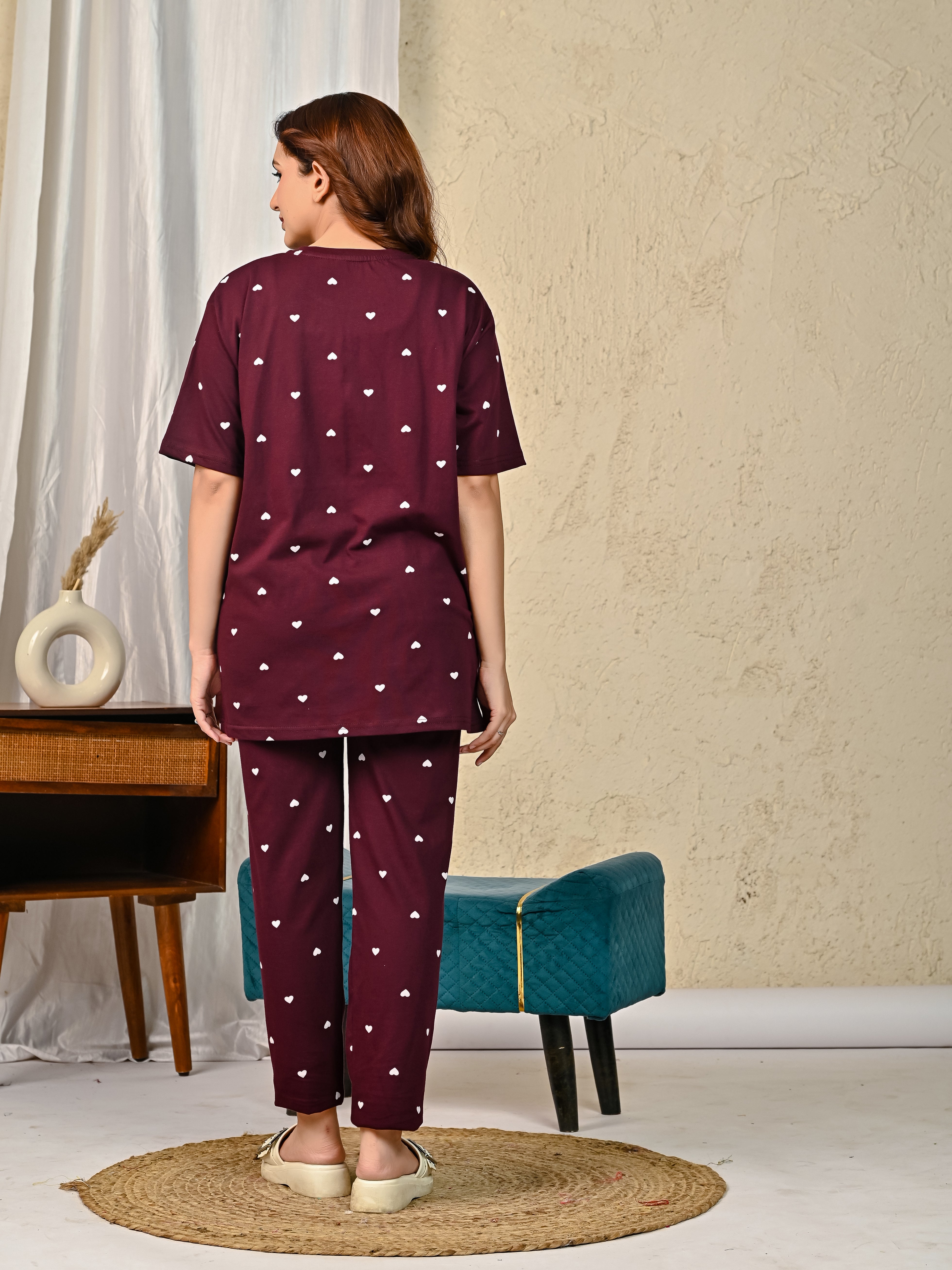 Maroon Printed Night suit set with Pajama