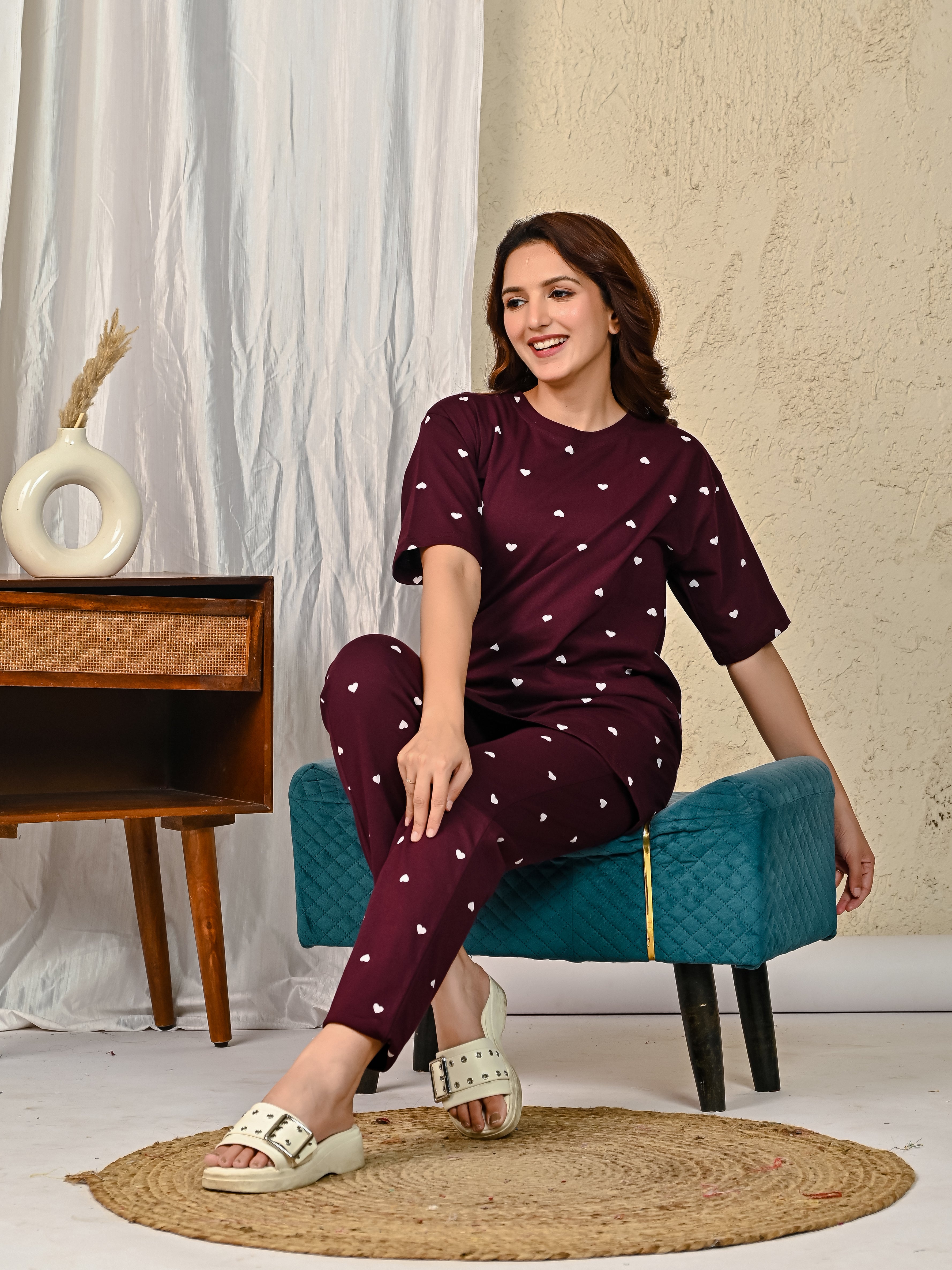 Maroon Printed Night suit set with Pajama
