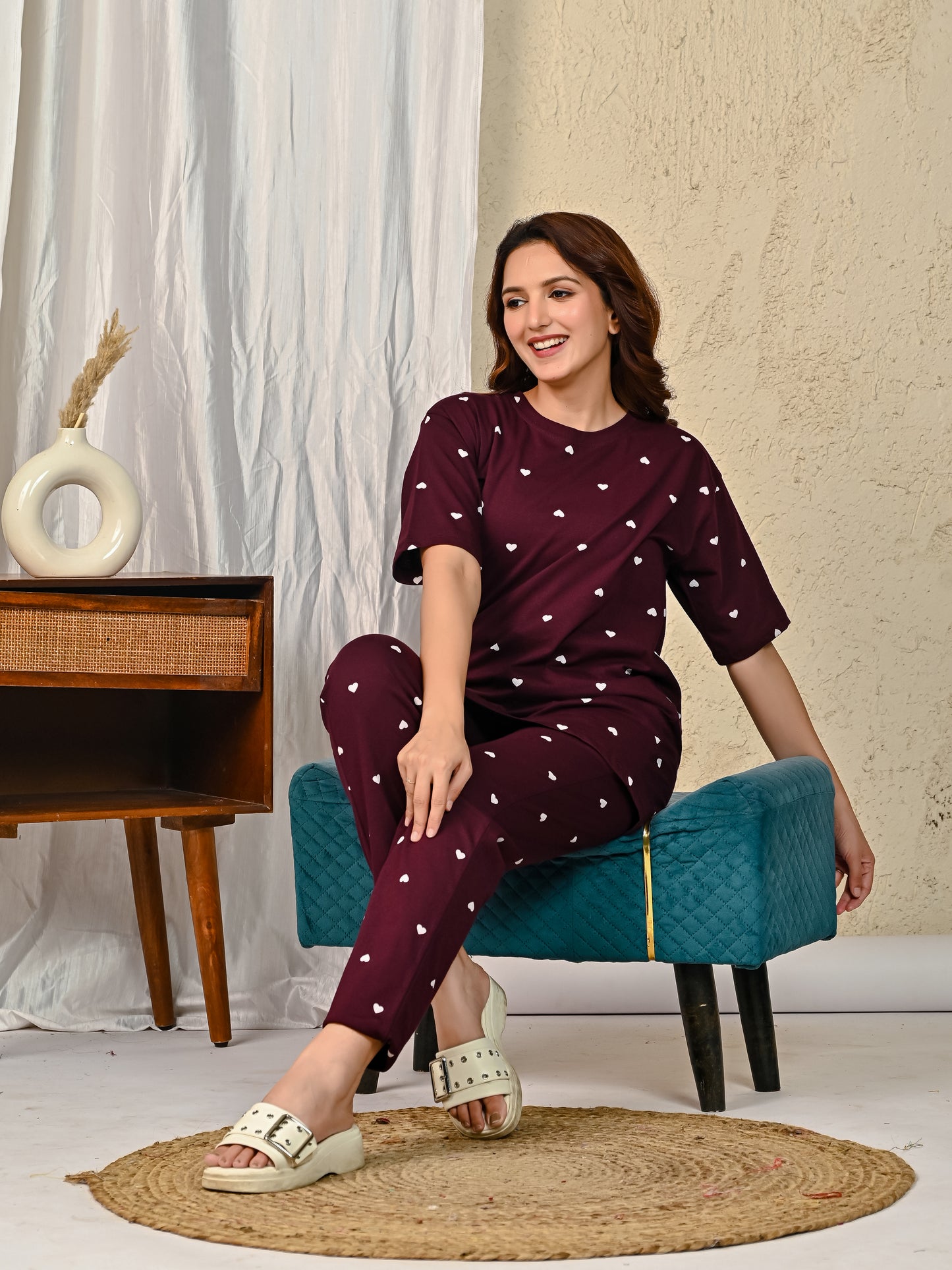 Maroon Printed Night suit set with Pajama
