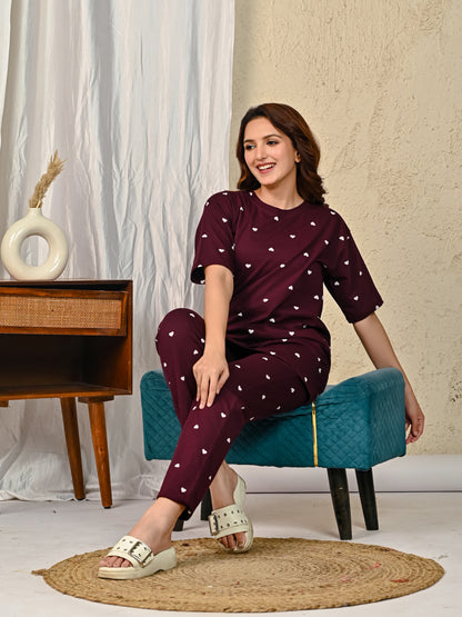 Maroon Printed Night suit set with Pajama