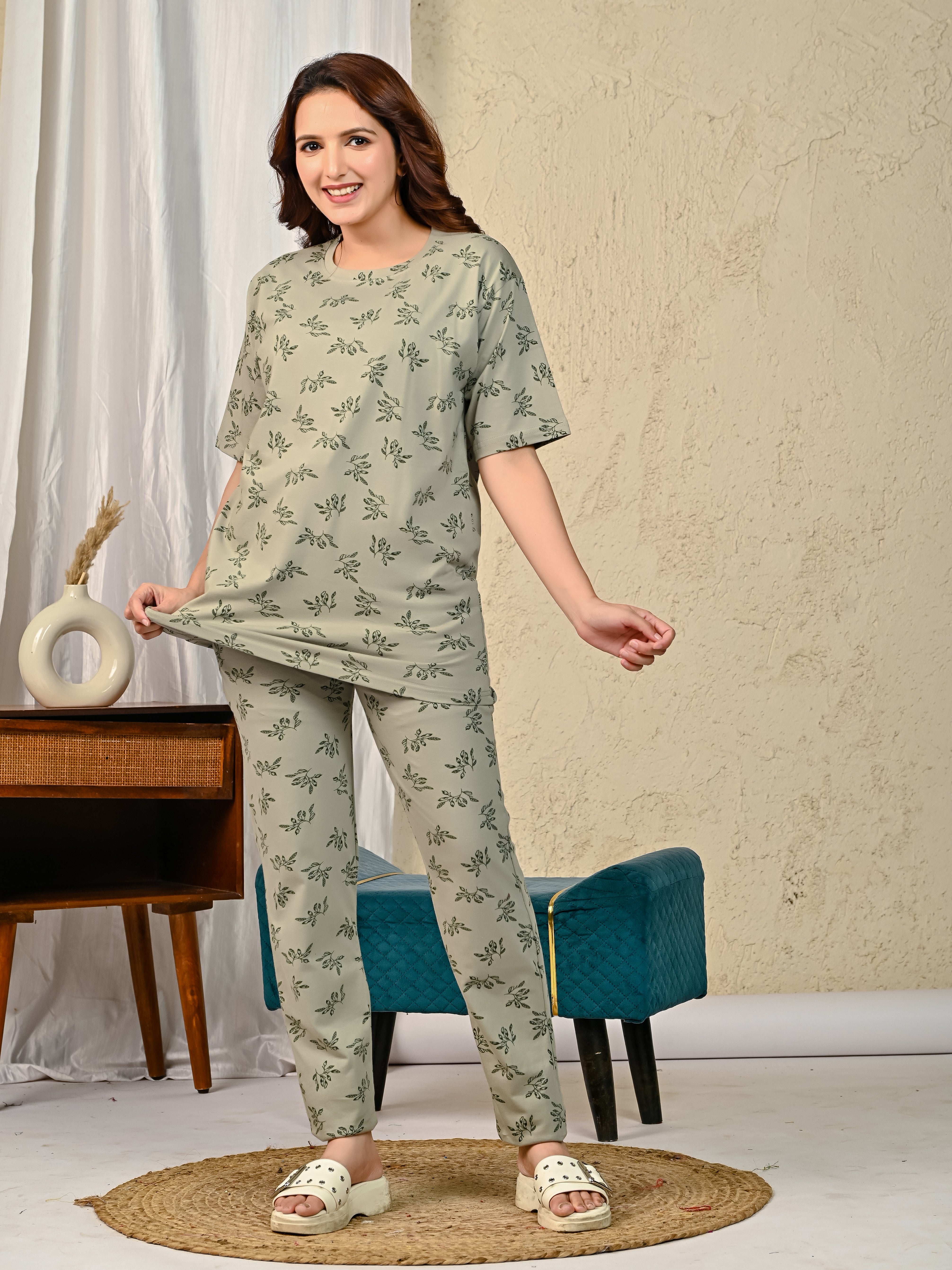 Green Printed Night suit set with Pajama