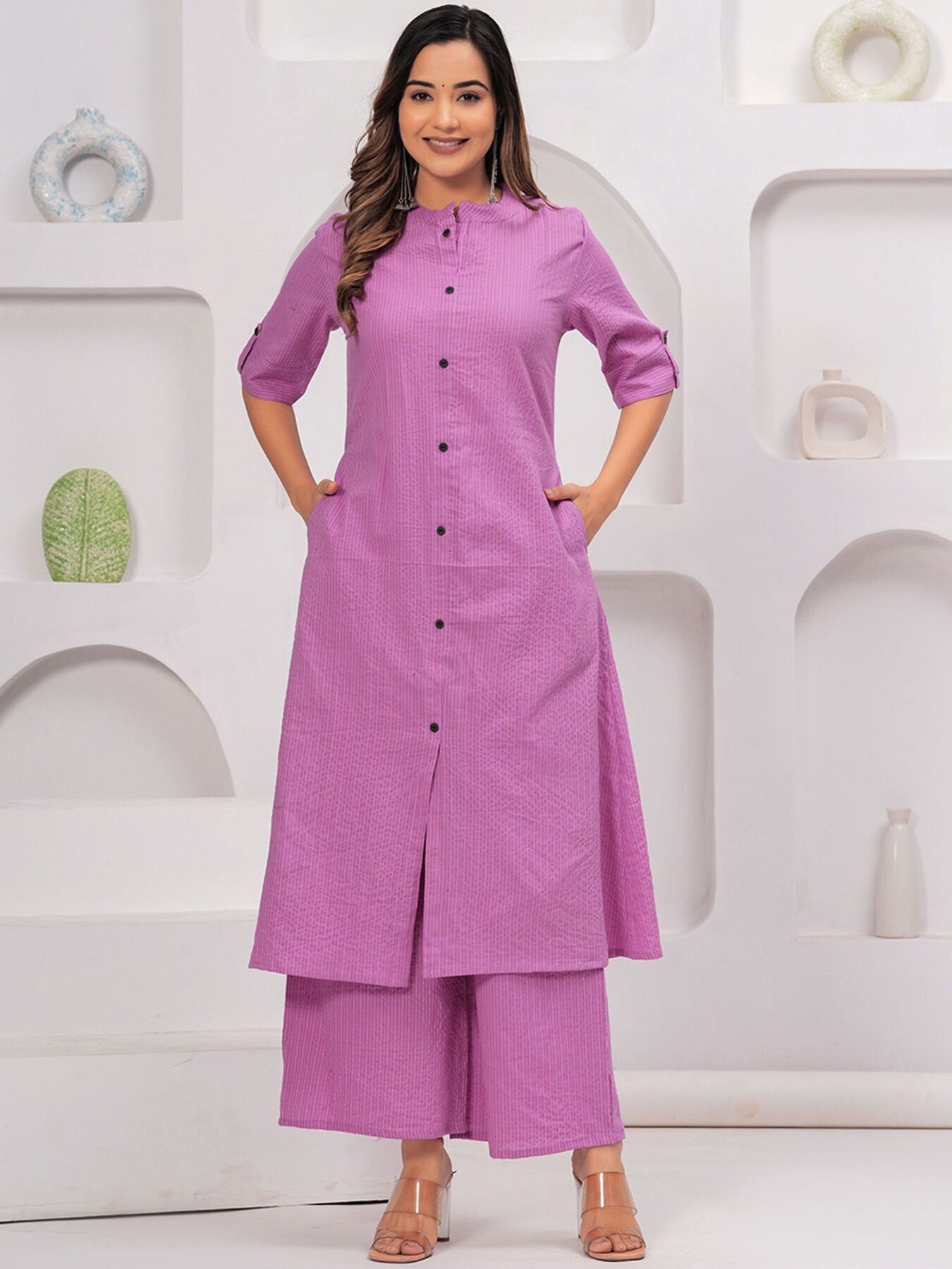 Striped Embroidered Pure Cotton Kurta With Palazzos